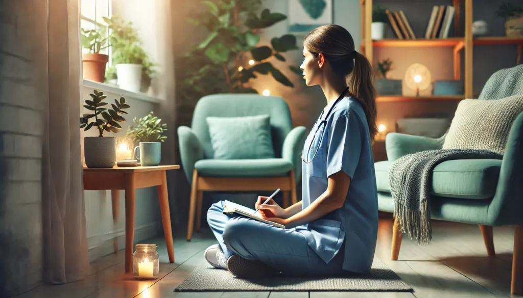 A-calm-and-serene-setting-focused-on-mental-health-care.-The-image-shows-a-nurse-in-scrubs-sitting-peacefully-in-a-cozy-room-journaling-or-meditatin