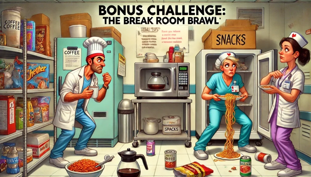 A humorous and exaggerated hospital break room scene depicting the 'Bonus Challenge_ The Break Room Brawl.'