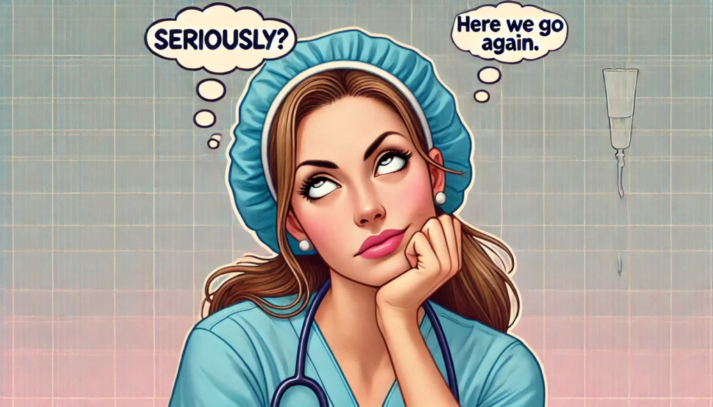 A humorous yet powerful 16_9 image featuring a nurse in scrubs with a strong, exaggerated eye roll expression