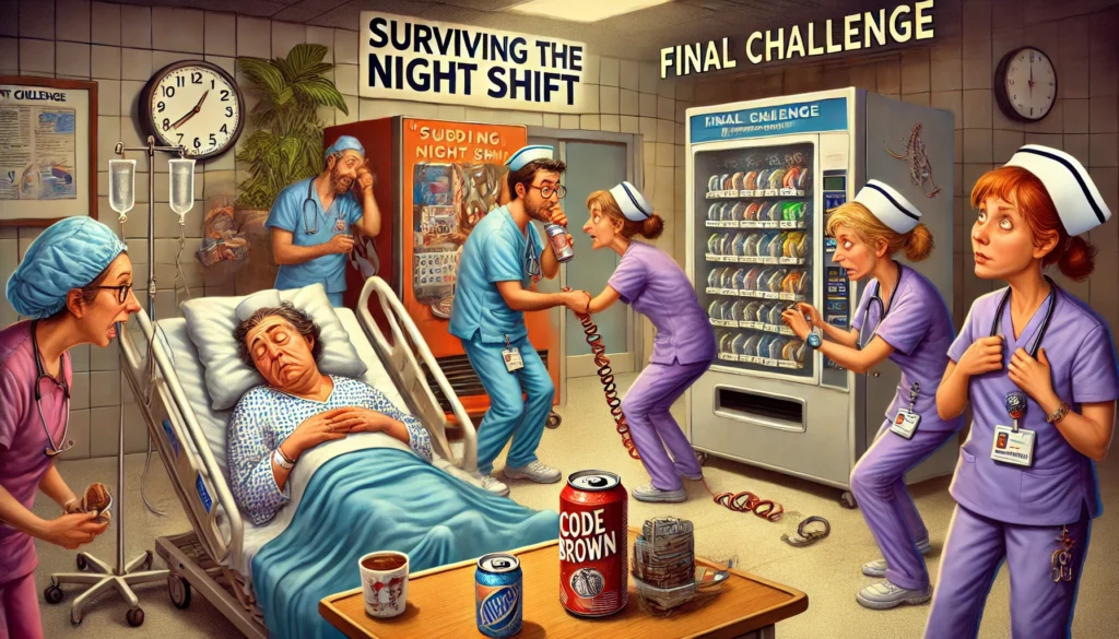 A-lively-and-humorous-hospital-scene-during-a-night-shift.-The-image-includes-exaggerated-elements-of-the-final-challenge-titled-Surviving-the-Night