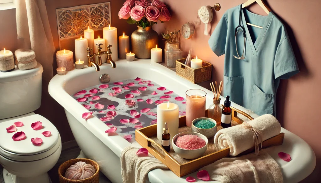 A-serene-and-inviting-bathroom-scene-set-up-for-DIY-spa-treatments-for-nurses