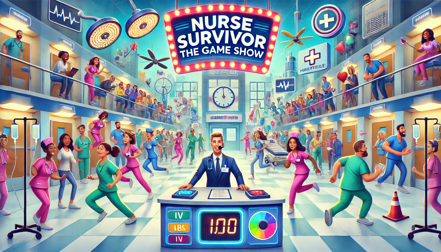 A-vibrant-and-lively-featured-image-for-a-blog-post-titled-Nurse-Survivor_-The-Game-Show.-The-image-should-depict-a-chaotic-yet-humorous-hospital-scene