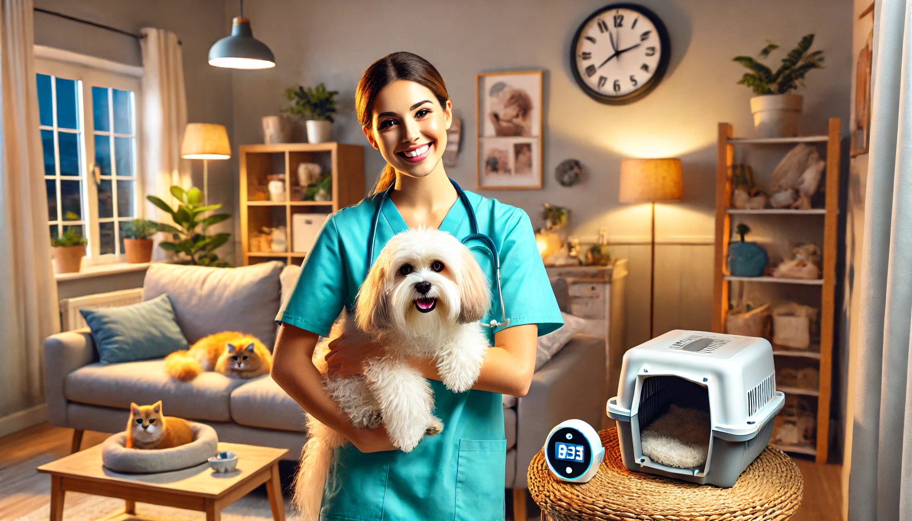 Cheerful-nurse-in-scrubs-holding-a-fluffy-dog-with-a-cozy-well-lit-living-room-in-the-background