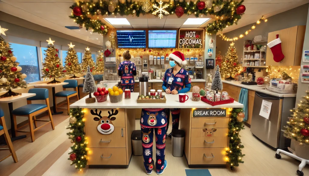 Cheerful-scene-in-a-hospital-setting-where-the-nurses-station-is-decorated-for-the-holidays