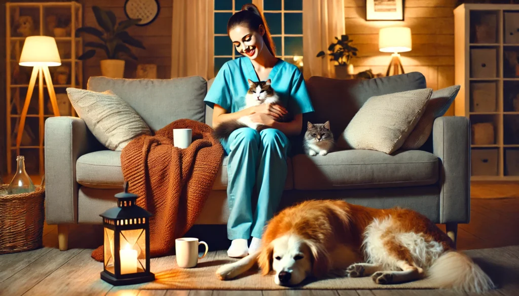 Cozy-evening-scene-of-a-nurse-in-scrubs-relaxing-on-a-sofa-with-a-contented-cat-curled-up-on-her-lap-and-a-happy-dog-lying-beside-her