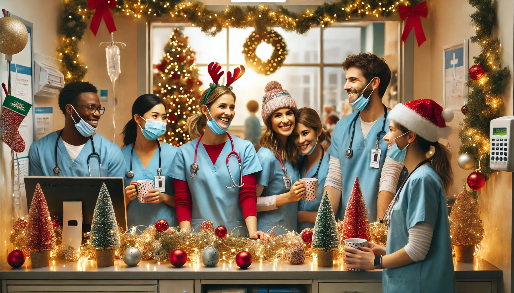 Festive-hospital-scene-during-the-holidays-with-nurses-and-doctors-in-holiday-themed-scrubs-and-accessories