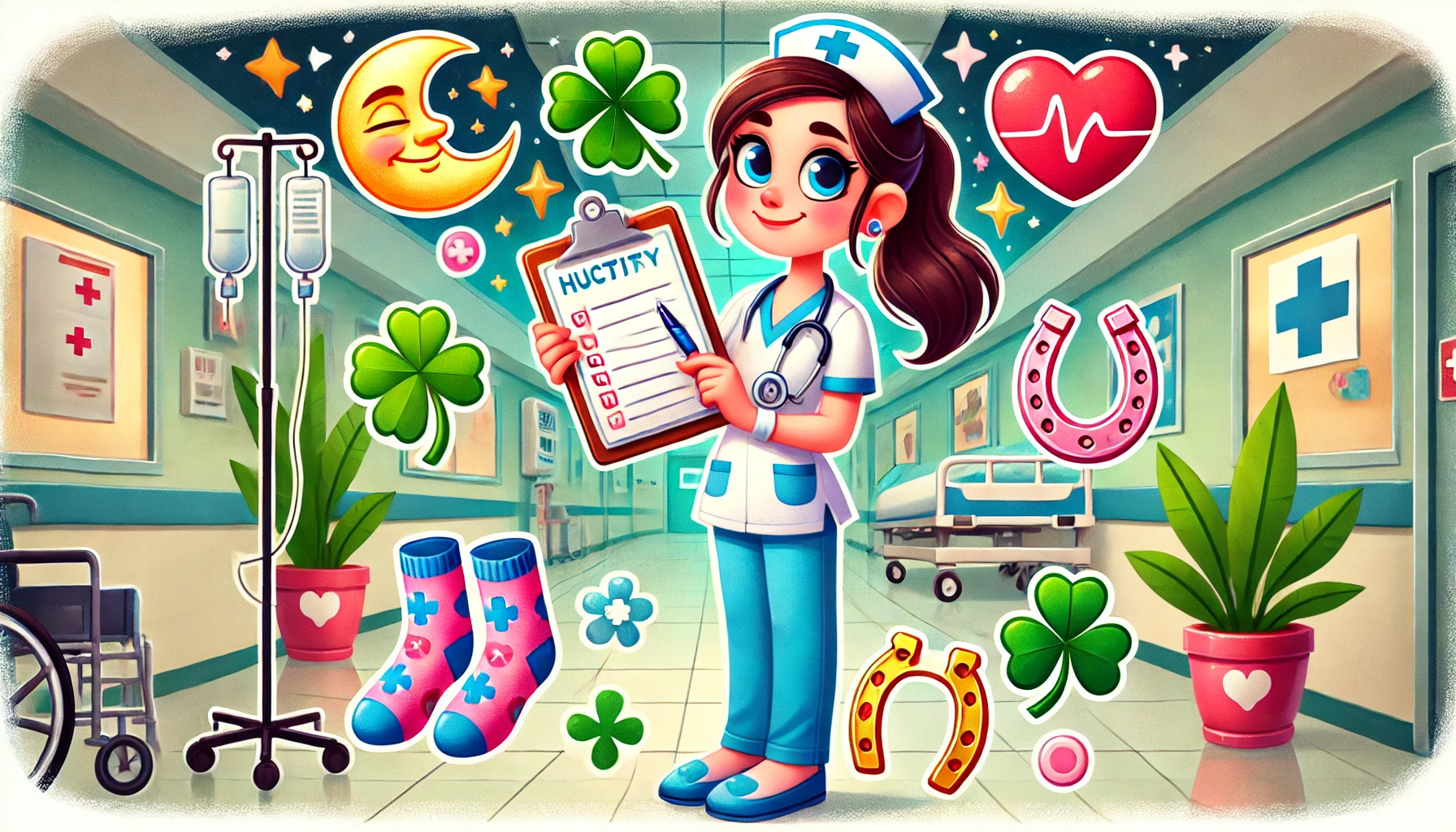 Fun-and-quirky-illustration-of-a-nurse-holding-a-clipboard-in-one-hand-and-a-pair-of-lucky-socks-in-the-other-surrounded-by-playful-symbols