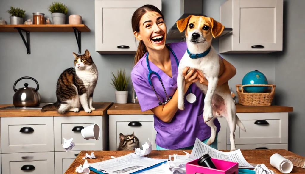 Humorous-and-playful-scene-where-a-nurse-in-scrubs-is-playfully-holding-up-a-dog-that-has-a-mischievous-look-with-a-cat-in-the-background-perched