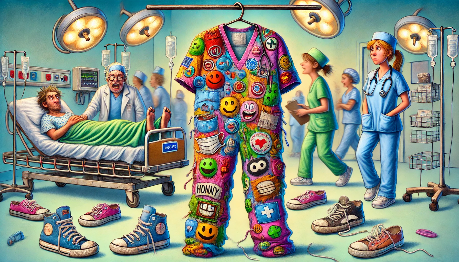 pair-of-worn-colorful-nursing-scrubs-hanging-on-a-hook-with-various-funny-patches-stains-and-signs-of-wear